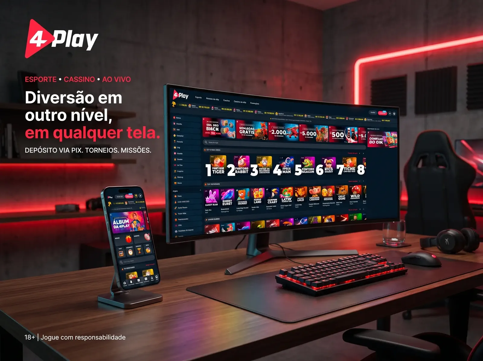 Plataforma 4Play exibida em monitor e smartphone em um setup gamer com luz vermelha